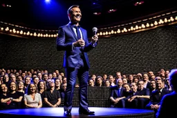 The photograph is of a speaker standing on stage in front of a large audience. The speaker appears confident and excited to speak in front of the audience. The speaker is shown dressed in formal attire and holding a microphone.