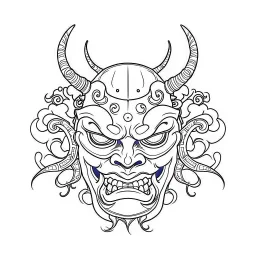 White, minimalis line art , oni mask japanes funny , vector, white background, outline, with images neatly contained within the background, just black and white color,