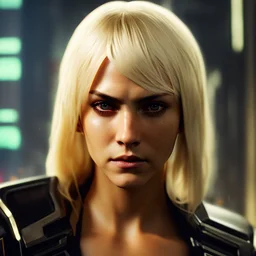 Photorealistic headshot of a fierce blonde assassin cyberpunk dynamic pose