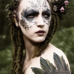 karlan, plant metal, feathers, face tattoo, Dryad, fae, sidhe, ominous, nature, plants, wildflower, facepaint, dnd character portrait, intricate, oil on canvas, masterpiece, expert, insanely detailed, cinematic smooth, intricate detail, soft smooth lighting, painted Renaissance style