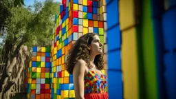A robust Hispanic woman with wavy brown hair, wearing a colorful embroidered dress, exploring a vibrant forest of painted concrete cubes with open niches and windows, under a bright sunny sky in summer.