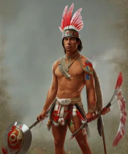 Guaicaipuro, native american, 30 years old, Muscular warrior, red feathers headdress, shirtless