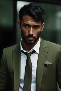 40 year man with Dark olive skin. Dark brown short hair, and neatly trimmed beard. scar on his cheek. wearing an expensive suit