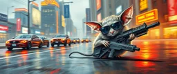 master oil painting by Rembrandt, pen outline and airbrush,the tilted quilter,glasses and ticks, cyberpunk imagery synchronized mechanical stylized fluffy gremlin rat bat laying low holding a few guns barely hanging on, drumming kit flat power trike flickering stable core, wet reflective salt flat city, fast motion blur background, translucent tube cars, technocracy mega tv