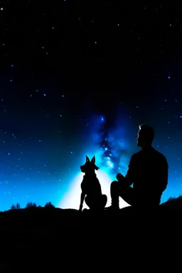 Black background on a mountaintop. A silhouette of a fit man and a silhouette of a fit woman watching the stars sitting close to each other. A silhouette of a Belgian malinois sitting next to the men and the woman looking at the stars.