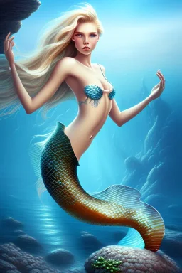 long hair mermaid with white top set on the rock in the ocean