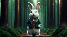 High-end hyperrealism epic cute fluffy rabbit hero placed in the middle length of the forest alley 20 metres away from camera, Steampunk-inspired cinematic photography, symmetry forest alley background, Aesthetic combination of metallic sage green and titanium blue, Vintage style with brown pure leather accents, Art Nouveau visuals with Octane Render 3D tech, Ultra-High-Definition (UHD) cinematic character rendering, Detailed close-ups capturing intricate beauty, Aim for hyper-detailed 8K
