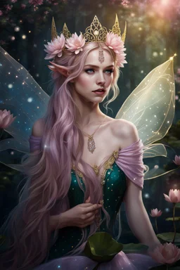 Pink dress,Sparkling fairy wings,Very long golden hair,Fairy crown,pointed ears,elven ears,fairy wings,water lilies,sparkling,glittering,flowers,blossoms,golden crown,light pink dress