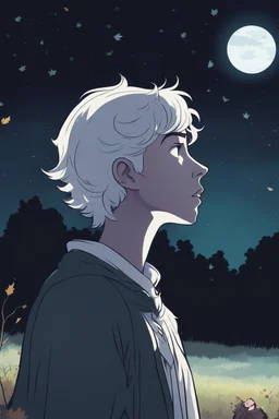 one non-binary person looking up to a tall ethereal person in a pasture at night during fall cartoon style