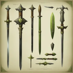 ConceptSheet: A document showing a super powerful set of lime leaf druidic espadon swords and maces of incomprehensible power.