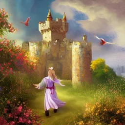  Castle into sky, with flowers of fire. Green clouds and birds. Shy girl going out of the main gate. Detailed painting, sharp color, medieval, intricate detail, far sceen, realistic colors, medieval concept art. spring.