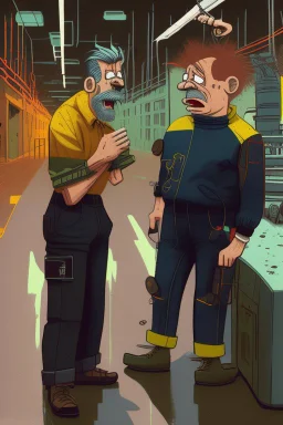 2 men arguing in factory Simon Stalenhag cartoon style