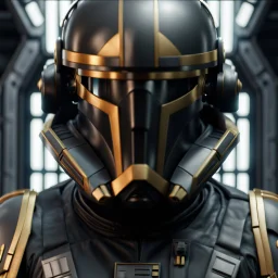 star wars bald male corellian pilot wearing dark gunmetal grey and black First Order special forces TIE pilot armored flightsuit and helmet with gold trim inside the jedi temple, centered head and shoulders portrait, hyperdetailed, dynamic lighting, hyperdetailed background, 8k resolution, volumetric lighting, light skin, fully symmetric details