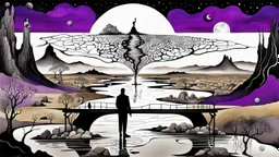 inner world with uncontrolled mind and soul, in midle an alone human figure stands on thin bridge with a big map his hands , weird whimsical landscape, forest, and Sahara water and rocks,, around surreal cracked painted weird land with some black doors. dark purple, gray, black, white, brown. Whimsical style of Chagall , of Minjae Lee and René Magritte, lonely face with absurd beauty. broken, weird bizarre absurd nightmare, labirynth, dark vision, neuron network background, surreal vibe