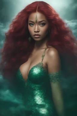 the black Chinese Indian mermaid with Long wavy, curly (((red hair))) and bright, (((sea-green eyes))), - full color - 32k, UHD, 1080p, 8 x 10, glossy professional quality digital photograph - dark foggy gradated background, historic, powerful, octane rendering, exquisite detail, 30 - megapixel, 4k, 85 - mm - lens, sharp - focus, intricately - detailed, long exposure time, f8, ISO 100 - back - lighting, ((skin details, high detailed skin texture))