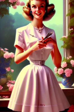 housewife, 1950s painting, cute, beautiful, wholesome