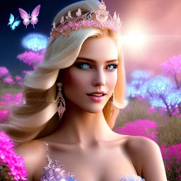 Full body Princess, sexy woman blondie, make up, beautiful smiling face,blue eyes, beautiful place,amazing, flowers, colors, blue and pink butterfly, realistic, photo real, stars night, detailed, high contrast, 8k high definition, unreal engine 5, extremely sharp detail, light effect, light background