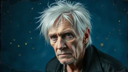 Old Punk 70 years old, portrait, white hair, blue background, gold and silver fragments and particles, glow, glare, old torn cracked canvas, mystical, fine rendering, high detail, sharp focus, 8K
