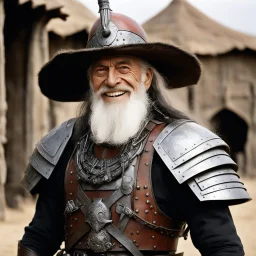 [high res photo by H.R. Giger] elder Don Quixote smiles in his long beard, ready to fight with his tourney lance, in dust, rust and blood, his body is covered with cartridge belts