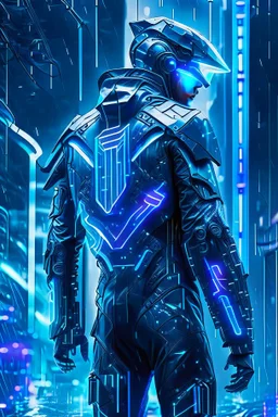 cyberpunk, neon blue, high technology, geometric figures, orbiting figures, cyberpunk suit, black and blue, epic, rain, neon blue suit, geometric figures orbiting around suit, exosuit, male