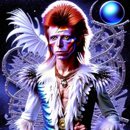 david bowie, white owl feather fancy clothes, Jim Henson's The Labyrinth, Jareth the goblin king, crystal ball in hand, wearing spandex grey leggings with a crotch bulge, labyrinth illusion stairs, broken world and space in background