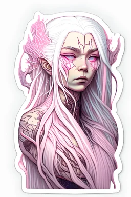 a sticker of a woman with a long white hair and a veins connected to face and hair, dan mumford and alex grey style, trending on artstaion, pink skin, portrait of anime woman, inspired by Karol Bak, porcelain looking skin, connectedness, twitter pfp, yosuke ueno, blonde girl, anatomically perfect, biopunk armor
