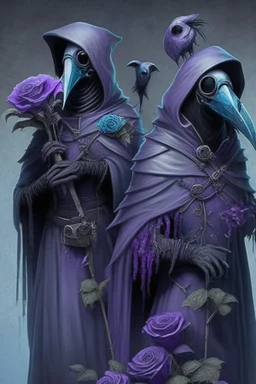 Undead minions of the Silvered Rose, wear long black robes, with a purple rose symbol, leather plague doctor masks with beaks and pale blue lenses