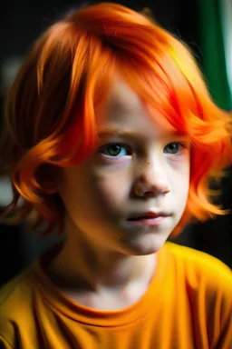 A boy with neck-length bright orange hair