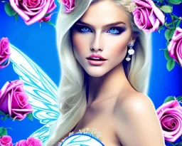 jolie femme avec longs cheveux blonds - joli visage souriant et beau corps bien formé , beaux yeux bleus - grandes ailes bleu ciel , ciel bleu fleurs blanches et roses. robe en soie, jolies dents, jolis yeux, picture precise and hight quality, bikini