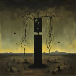 Divorced from reality metaphysical unholy roller, Joan Miro and Sidney Nolan and Zdzislaw Beksinski deliver a dark surreal masterpiece, dark rich colors, sinister, creepy, sharp focus, dark shines, asymmetric, box in a box in a box effect