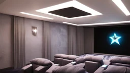 Generate an image of a sleek home cinema with our top-notch projectors and surround sound systems with a star-lined ceiling similar to a Rolls Royce in a high-rise penthouse