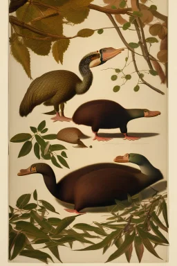 John James Audubon-like etching of a fully uncropped Dodo bird and a Platypus among oak branches and acorns