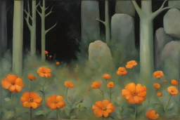 Cloudy day, orange flowers, rocks, forest, gothic horror influence, disturbing, people, mistery, hans am ende mpressionism paintings