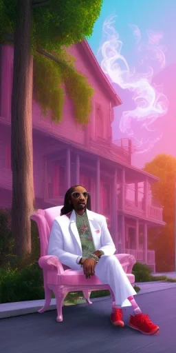 Snoop dogg, sitting. a chair. pink houses, pink sky, pink smoke, trees, outdoors. Groove street