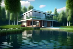 haus am see mit großem garten, modern, freistehend, natürlich wirkende umgebung, fotorealistisch, abgebildet frontal in zentralperspektive (d. h.: Alle senkrechten Linien laufen auf einen Fluchtpunkt zu, alle waagrechten Linien sind parallel.)