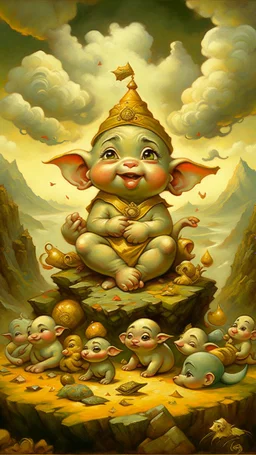 adorable baby Ganesha with big eyes in the pose of success, money piled up into a mountain, money flying around, oil painting