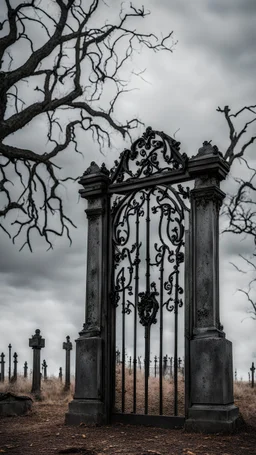 Creepy cemetery gate against a background of gray sky and dead trees