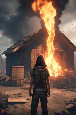 An ark survival character staring at their burning destroyed home