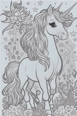 coloring book page of a magical cute unicorn,monochrome, black and white, sharp, sketch drawing