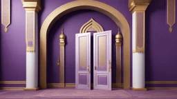 Hyper Realistic Islamic-Architectural-Mosque-Open-White-Door-&-Navy-Wall on Purple-Rustic-Wall with maroon-crafting-on-Golden-pillars