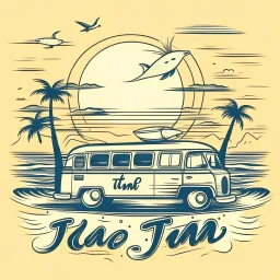 A retro camper van parked by the ocean, nostalgic, carefree, golden hour lighting, T-shirt design graphic, vector, contour, white background. WITH A FISH BEHIND IT AND WORDS\"Summer is a time to relax \"IN WHIT LET-TERS.THE BACK