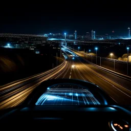 night time, a car dashboard lighting up, a dark road in the windscreen, with a beautiful city in the distance, photo quality