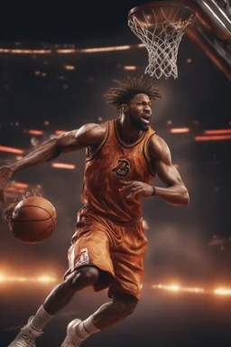 8k, highly realistic and detailed image of a NBA basketball player in action dunking the ball in the net, sweaty hair, screaming look,action and smoke and flames background