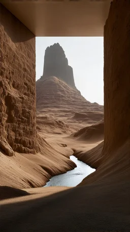 Photograph, NO PEOPLE, a mass of terrain, giant museum space, trees, pillars, high walls, high peak in a room, rag, powder, brook, sediments, deflagration of the background, geological formation, light, architecture, minimalist, details of the terrain very accentuated, 8k, deep 3d field, sharp, brutalist, hasselblad h6d400c --ar 85:128 --v 6.0, enhanced rocks, enhanced terrain, enhanced water