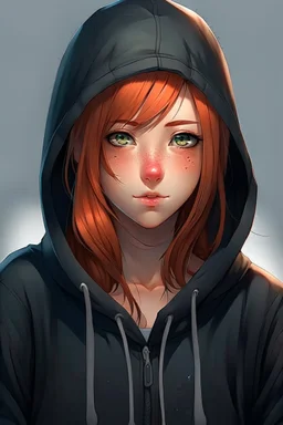 An anime young woman with brown eyes and shoulder length red hair wearing a black hoodie. Realistic.