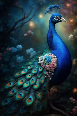 Create a picture of a strange colorful peacock standing near its twigs of branches and flowers lying on the river bank, decorated with flowers, highly detailed, maximalist, dreamy setting, high fine defined details, sharp, high resolution HDR 8x Modifiers: crisp quality Joris Hoefnagel Antonis Fylladitis velvety Lawrence alma tadema