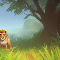 picture for children's book showing a cute lion behind tall grass in the jungle.