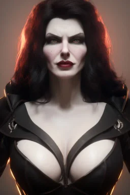 Amy Dumas as evil queen in black leather, leather, busty, cleavage, angry, rage, stern look. character design by cory loftis, fenghua zhong, ryohei hase, ismail inceoglu and ruan jia. unreal engine 5, artistic lighting, highly detailed, photorealistic, fantasy