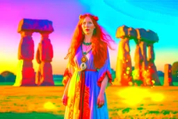 Full body shot of a tall slim red-headed young woman, dressed like a gipsy, standing in front of Stonehenge in a flaming circle