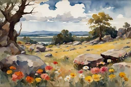 Sunny day, clouds, flowers, rocks, trees, distant mountains, spring, sci-fi, fantasy, winslow homer watercolor paintings